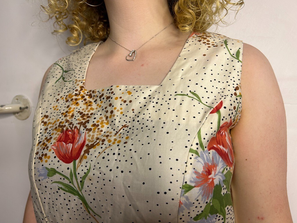 Vintage Handmade Cotton Blouson Dress Square Neckline Floral A-Line AU 12-14
