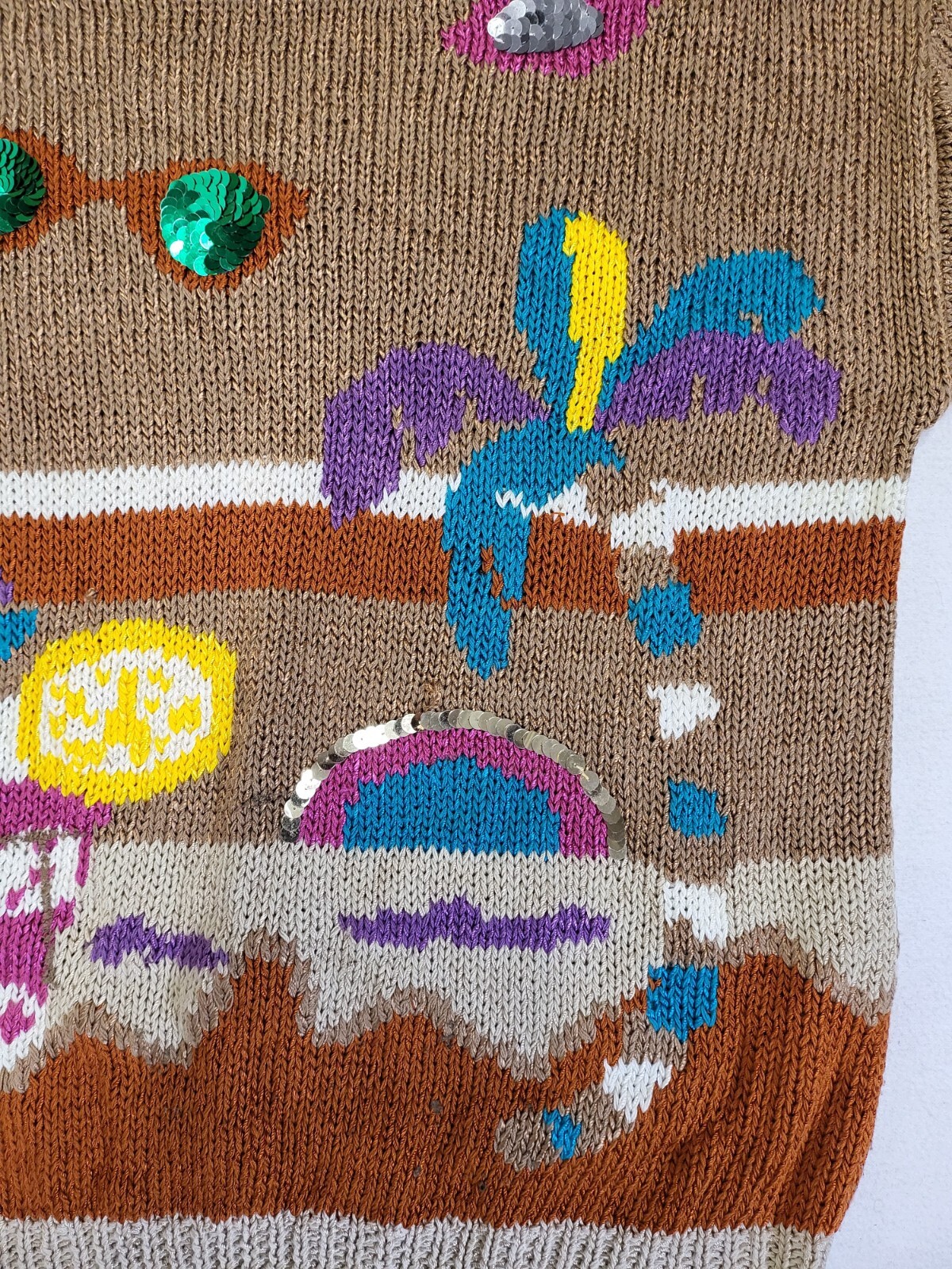 VTG NANNELL Beach Theme Hand Knit Sweater Sunglasses Palm Tree Sunbather Medium