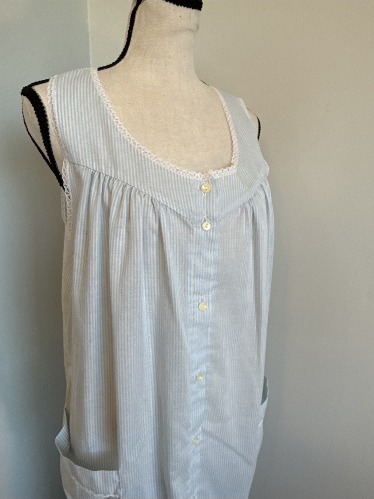 Vtg Barbizon Nightgown Women Small Blue Stripe Button Front Pockets House Dress