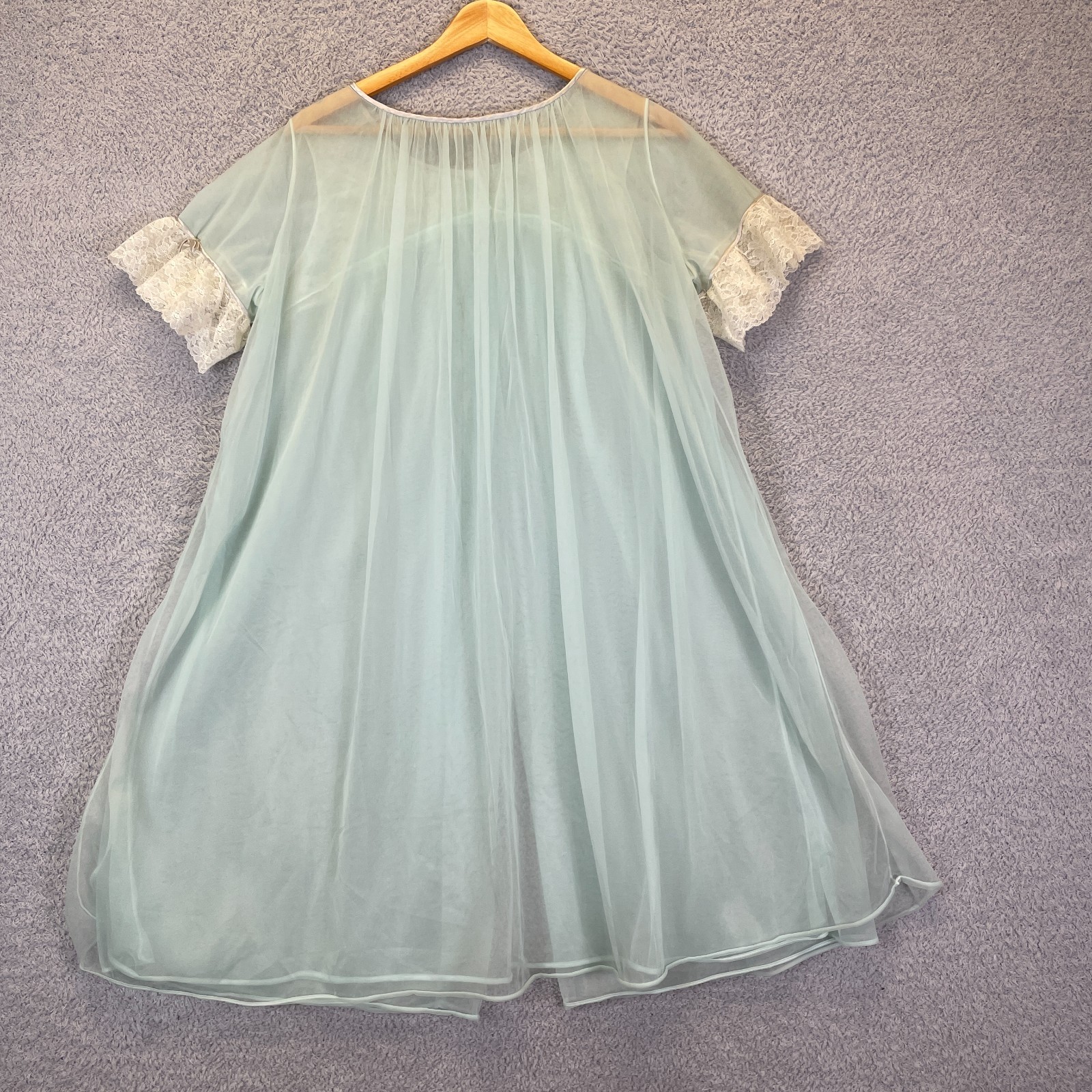 Vintage 60s 70s Evette Chiffon Babydoll Nightgown Peignoir Lace Sheer Size Large