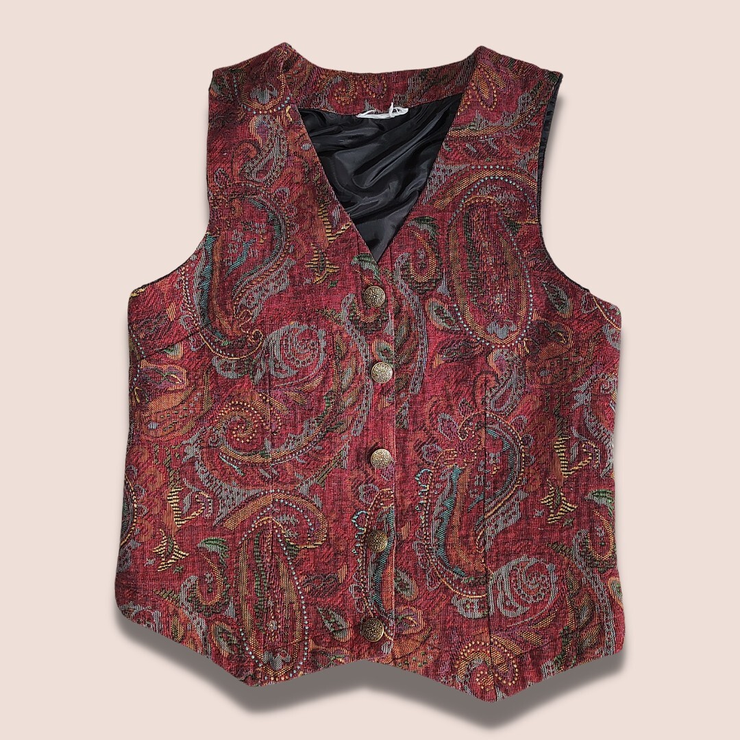 Vintage Serengeti Paisley Vest Womens Medium Red Lined Brass Buttons