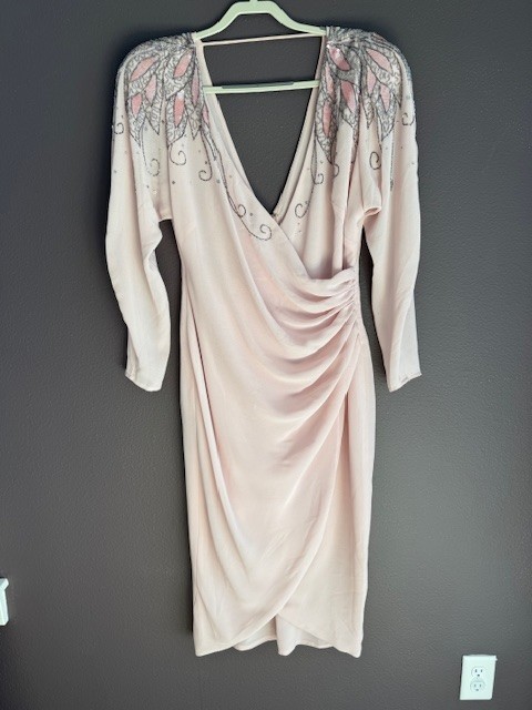 Soft Pink Chiffon plunging neckline, 1980’s classic sequined-beaded dress