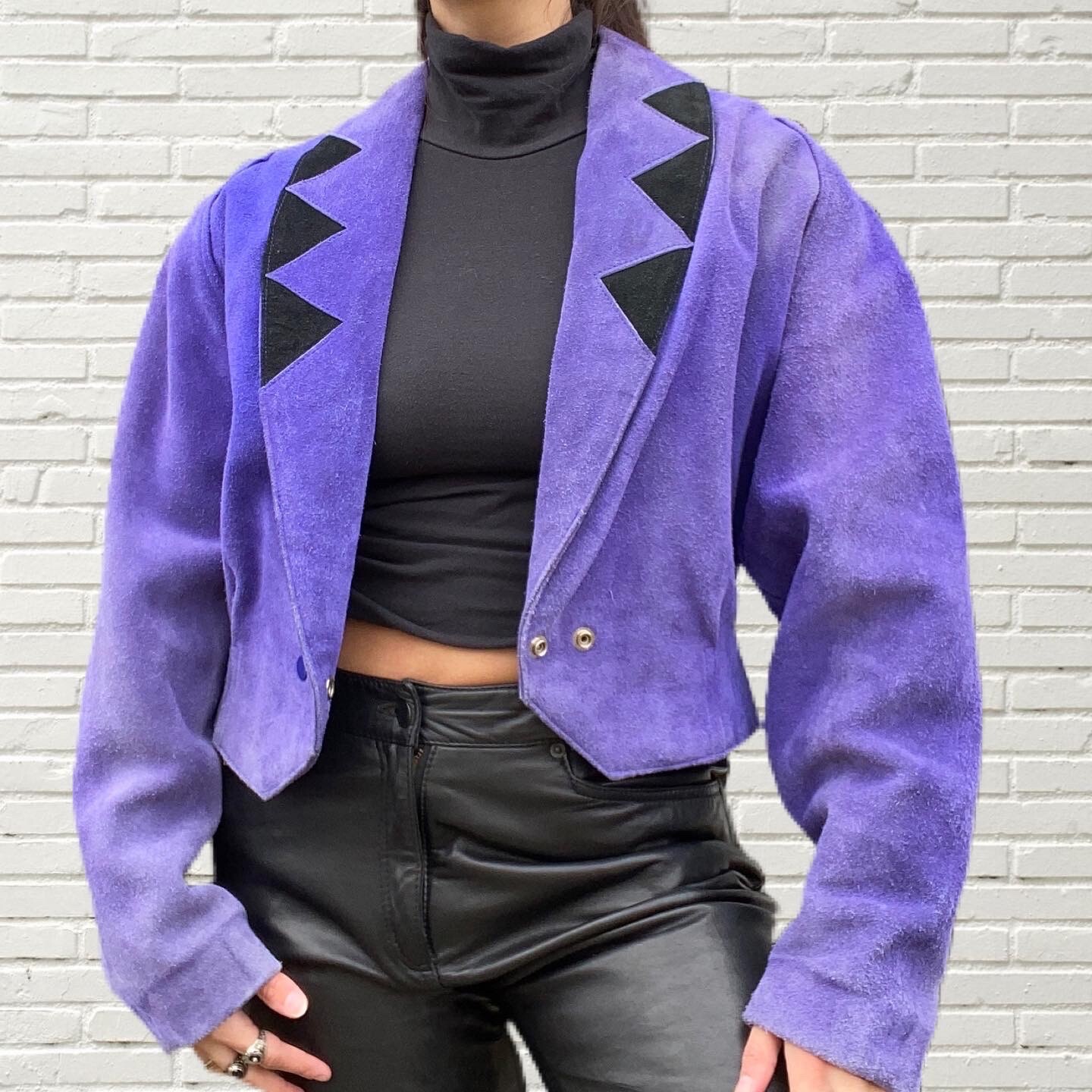 Vintage 1980’s CHIA Purple Suede Leather Cropped Jacket Size M – Geometric Print