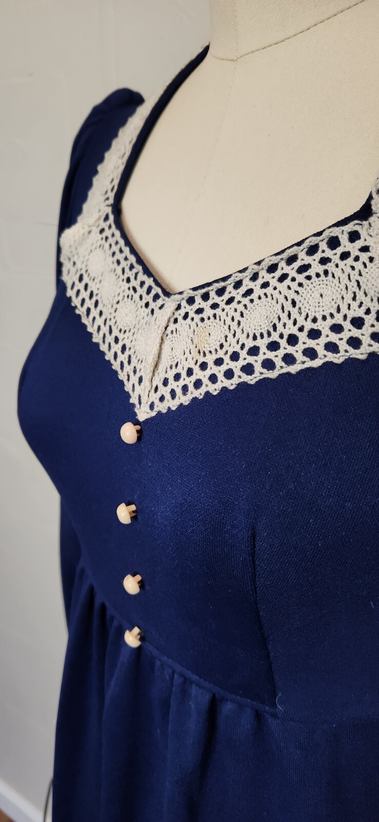 Vintage 70s Royal Blue Ivory White Lace Maxi Dress Tie Empire Waist S or M