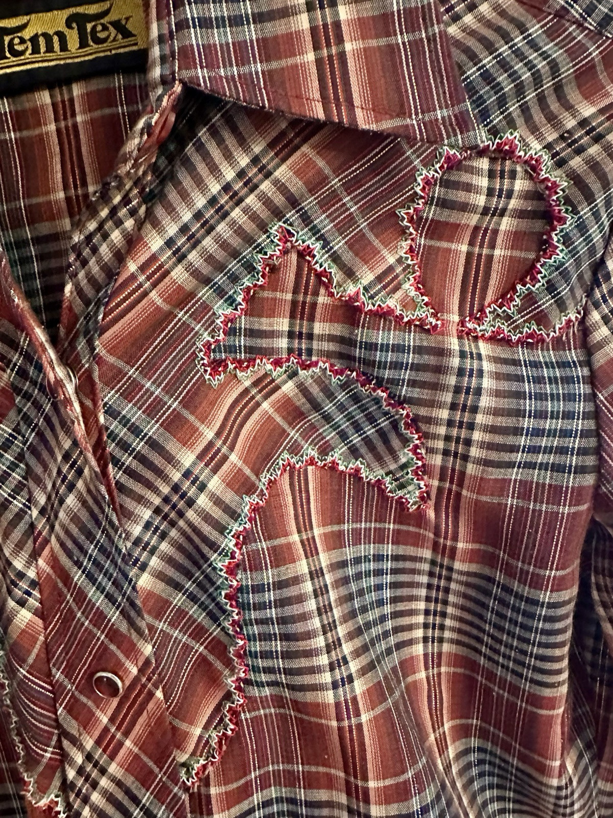 Tem Tex Vintage Western Shirt Embroidered Plaid Button Down Rodeo Cowboy Size 8