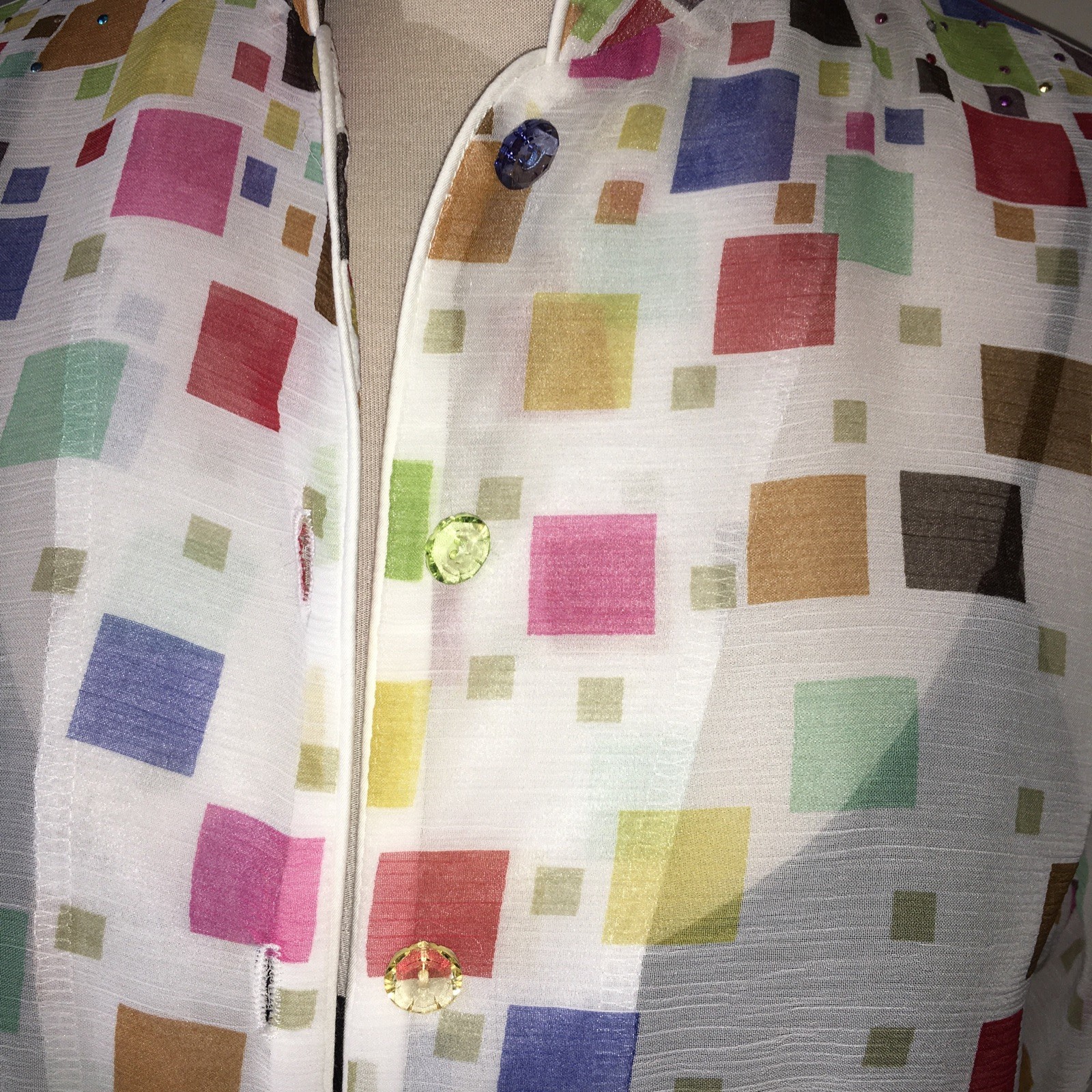 Vtg. Sheer SEA SUNS Mandarin Collar BLOUSE Tiny Multi Color Studs & Buttons RARE