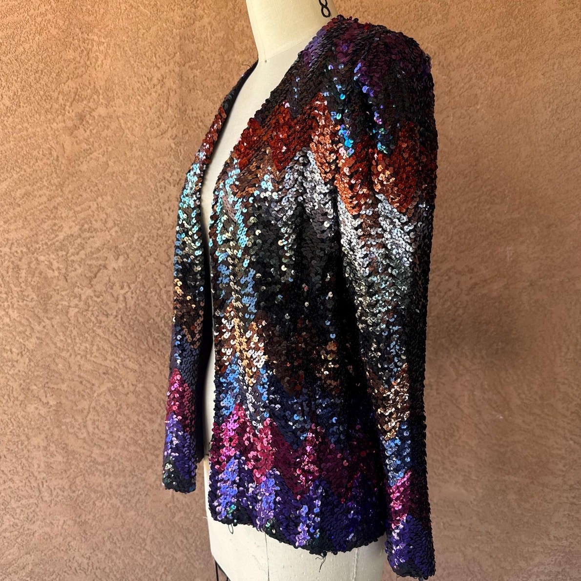 Vintage 80s Sequin Jacket Multicolor Iridescent Chevron Zigzag Evening Wear