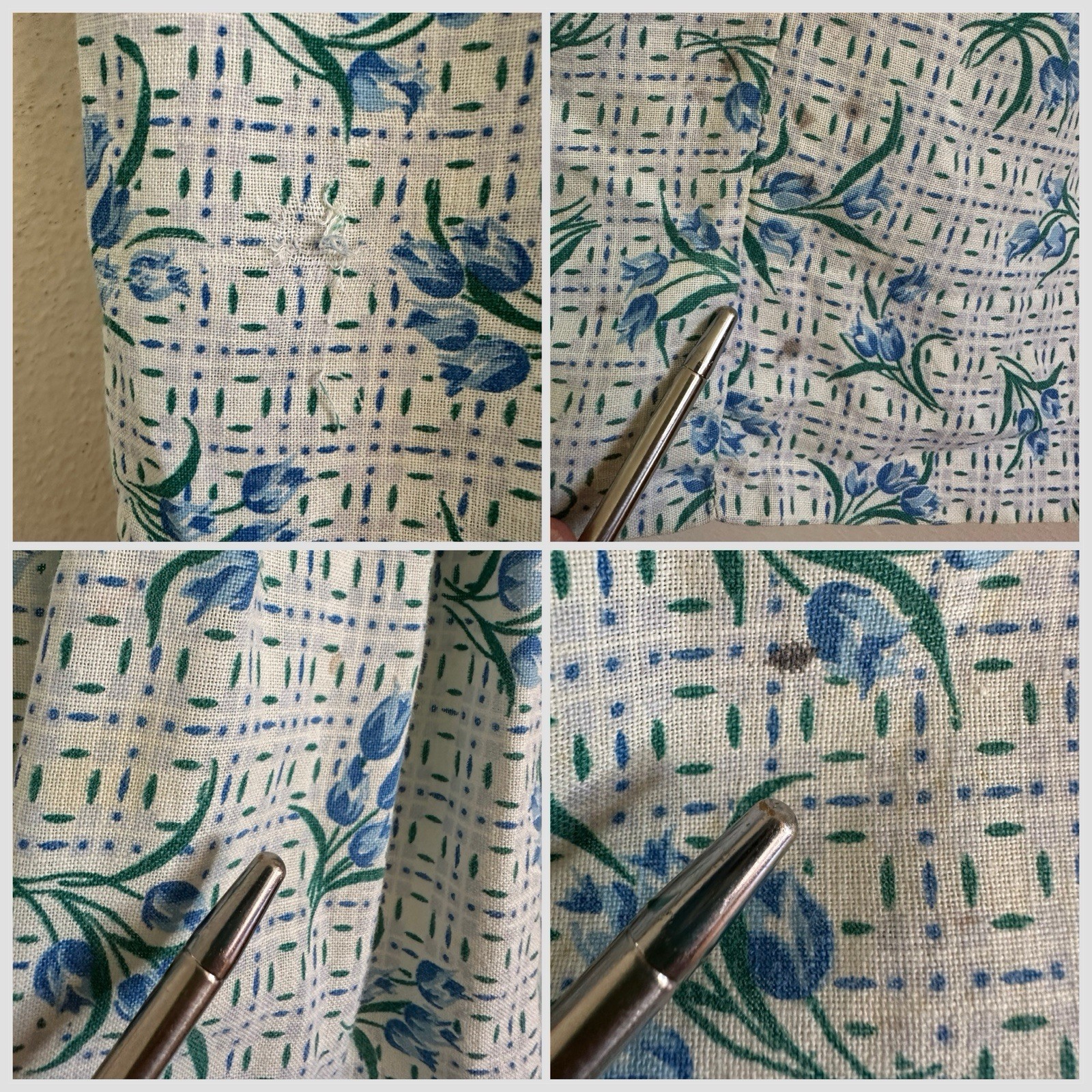 1930s 40s Feed Sack Skirt 28” Waist Blue Floral Tulip Grid Fabric Cotton MOP VTG