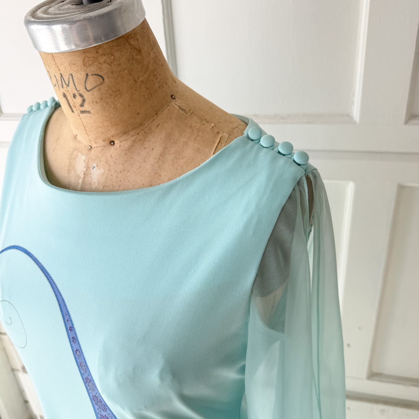 VTG 60s 70s Alfred Shaheen Aqua Blue Maxi Dress Sheer Balloon Sleeves L Hawaiian