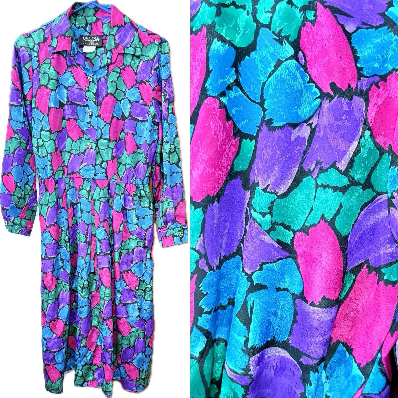 Vintage 1980s Stained Glass Belted Dress, Small, midi jewel tones