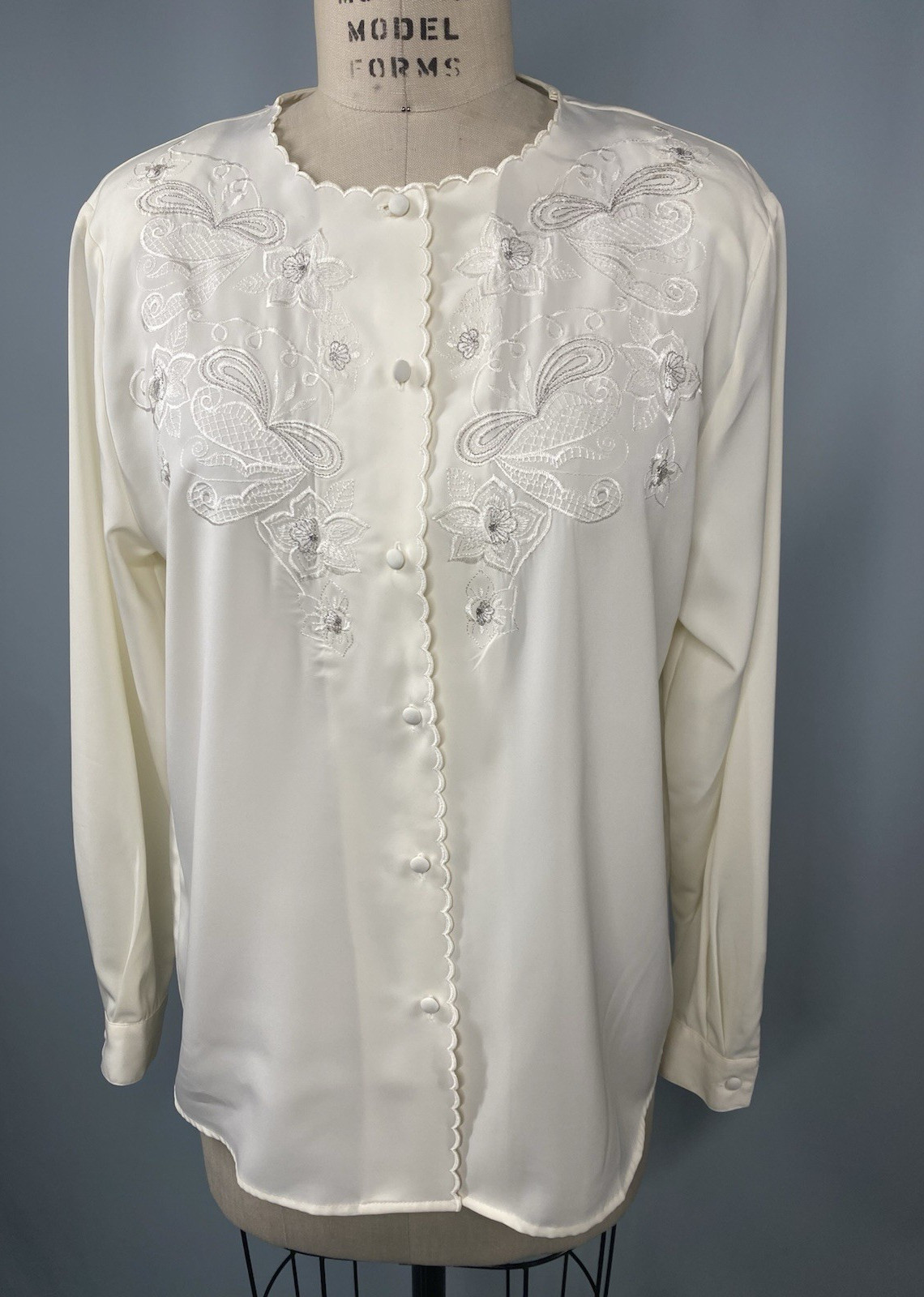 Vintage Blouse Top SIZE LARGE 10 ivory embroidered CLAUDIA RICHARD 80s 90s