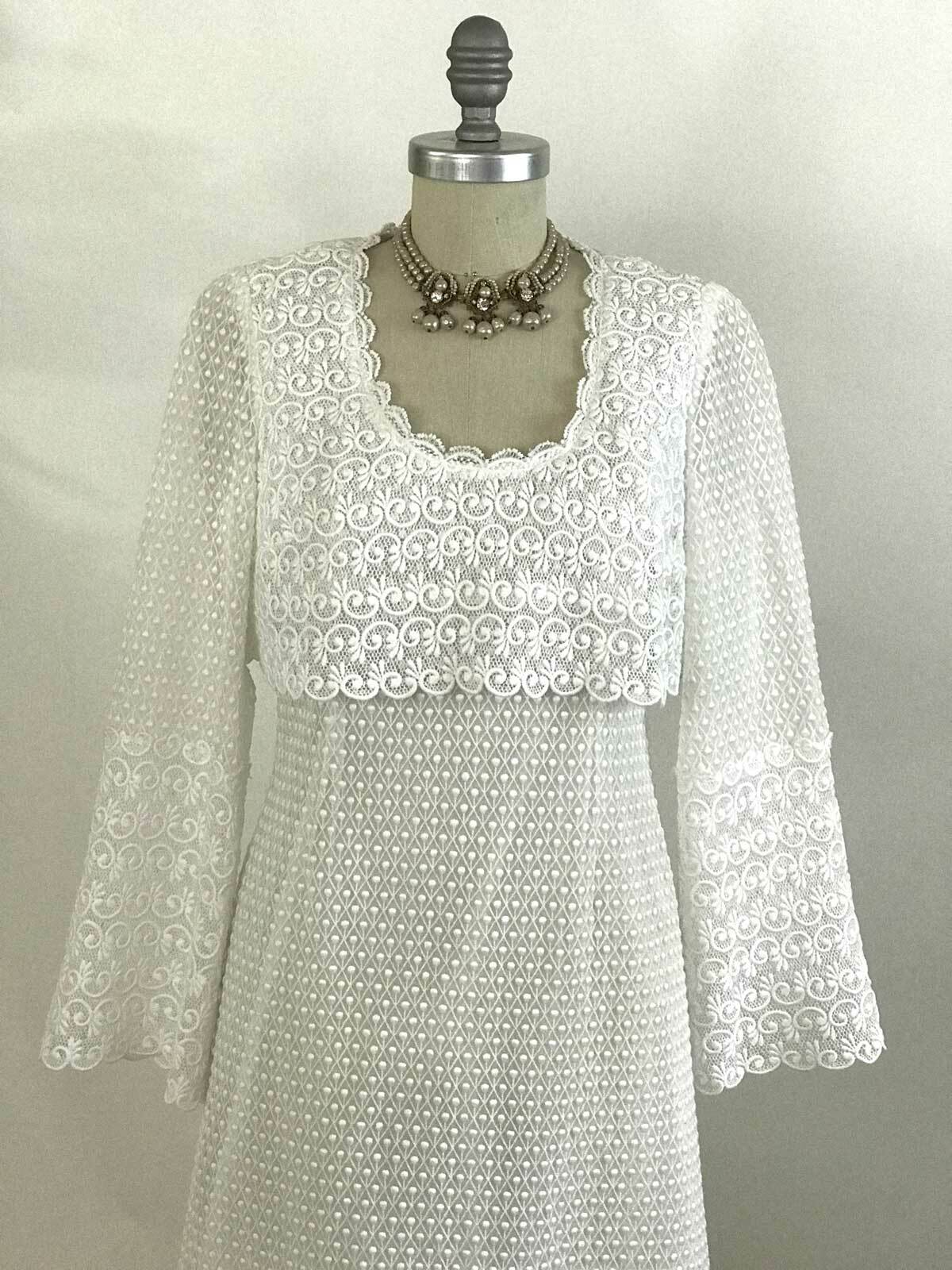 Vtg 70s CALDERON White Lace Wedding Dress Sheer Bell Sleeve Romantic Boho sz 6