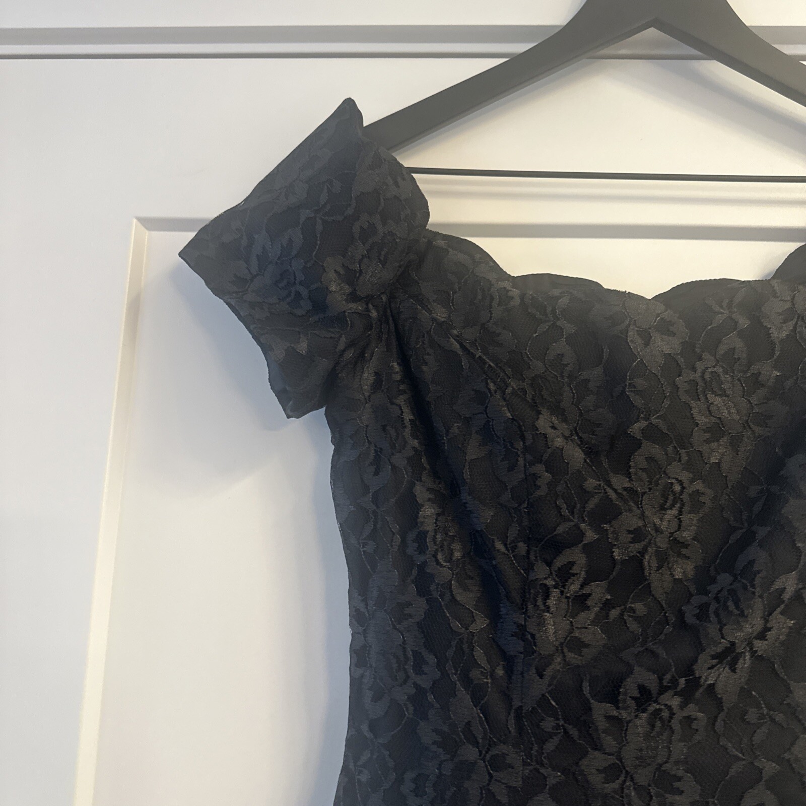 VTG 90s Off Shoulder Flare Mini Dress Prom Sz S Black Lace Roberta Grunge Goth