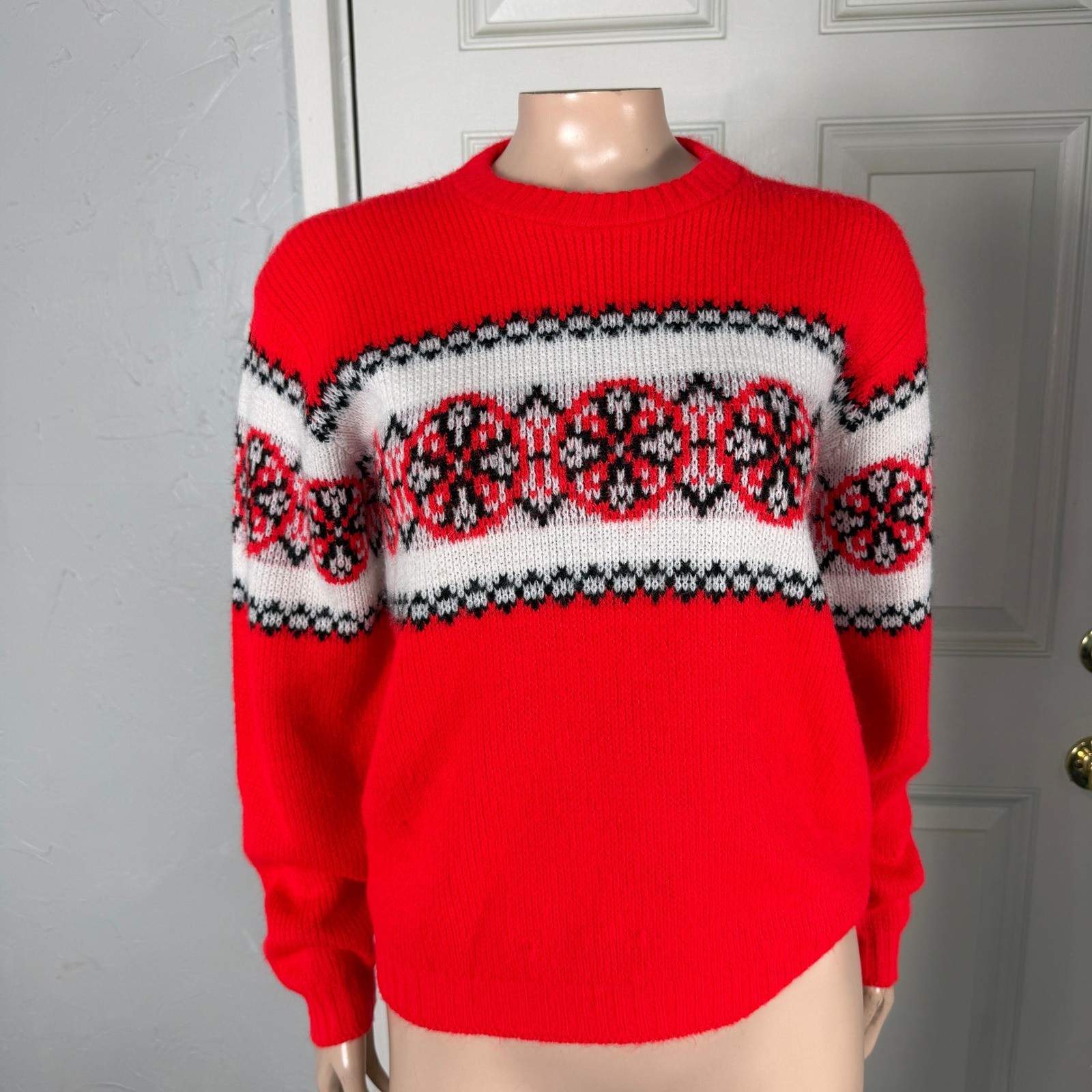 70s 80s Womens Sweater S Pullover Acrylic Printed Geometric Crew neck Knit E3-21