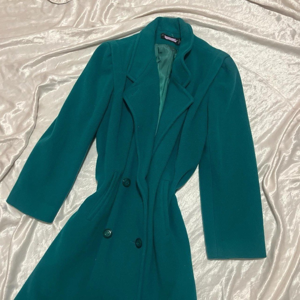 Vintage 80s Fashion Wellington Teal Trench Coat size Large Preppy Retro Classic