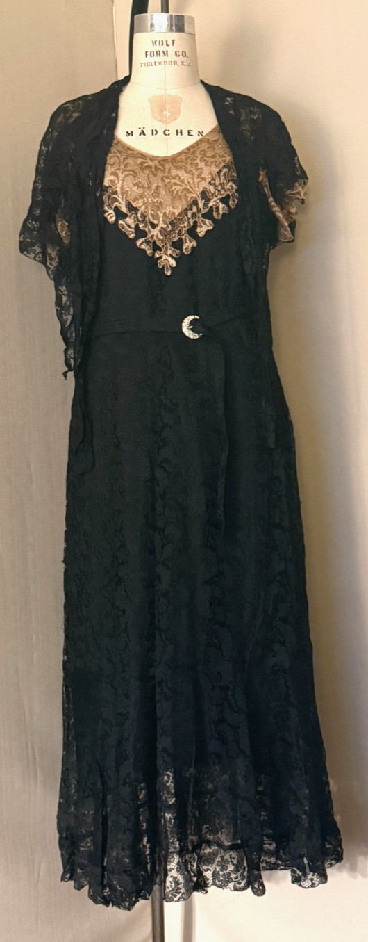 Vtg 1930s HOLLYWOOD DECO DRESS, 2 pc, ELABORATE ALENCON LACE w/ ILLUSION BODICE
