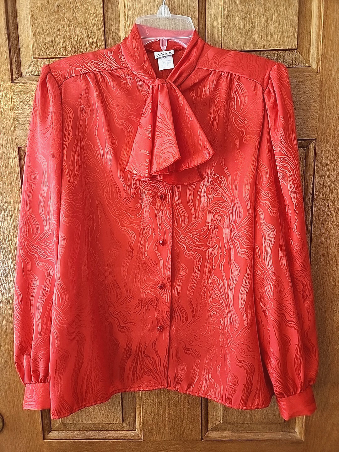 Terry Chicago Tie Neck Button Up Blouse Dark Orange Red Size 10 Secretary Look