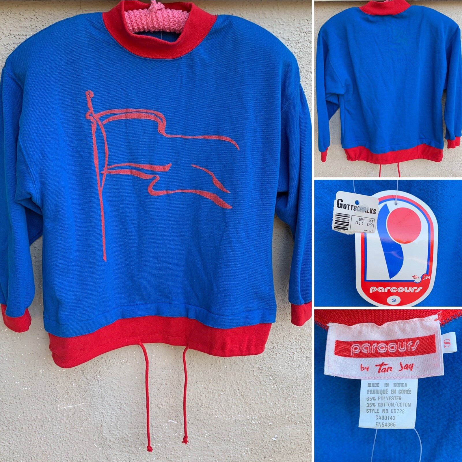Vintage Parcours by Tan Jay Flag Graphic Sweatshirt Top 80s 1980s Original Tags