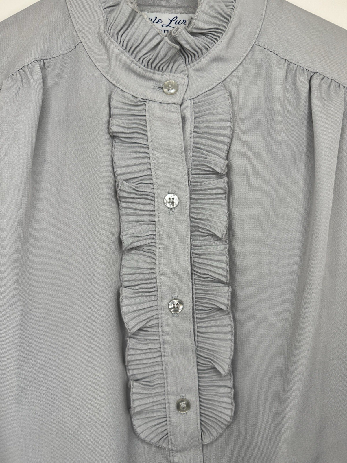 Vintage 70s Jerrie Lurie Collectibles Ruffle Blouse Gray S/M Polyester
