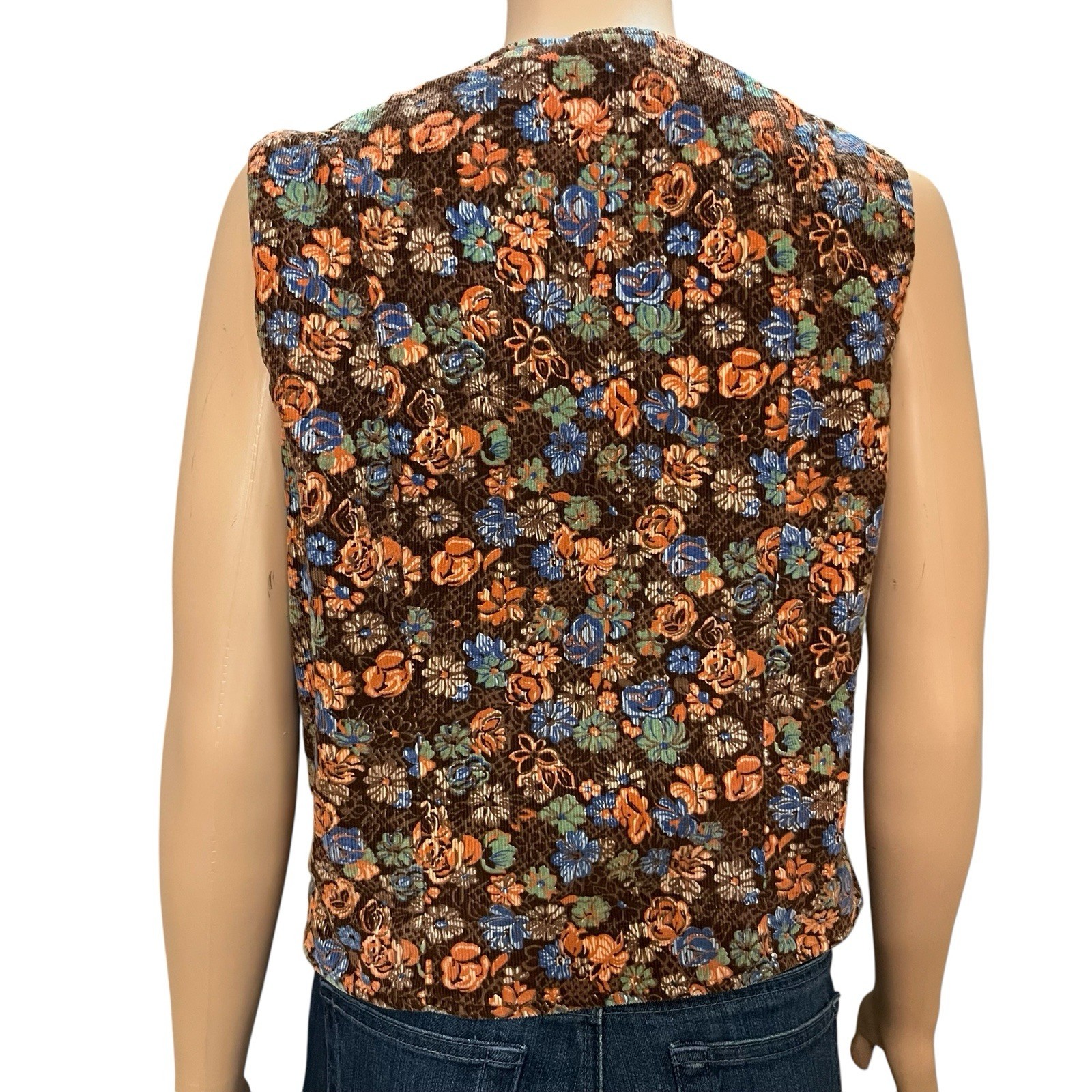 70s VTG Shellys Tall Girls Shop Womens Corduroy Cropped Vest Large Floral Retro