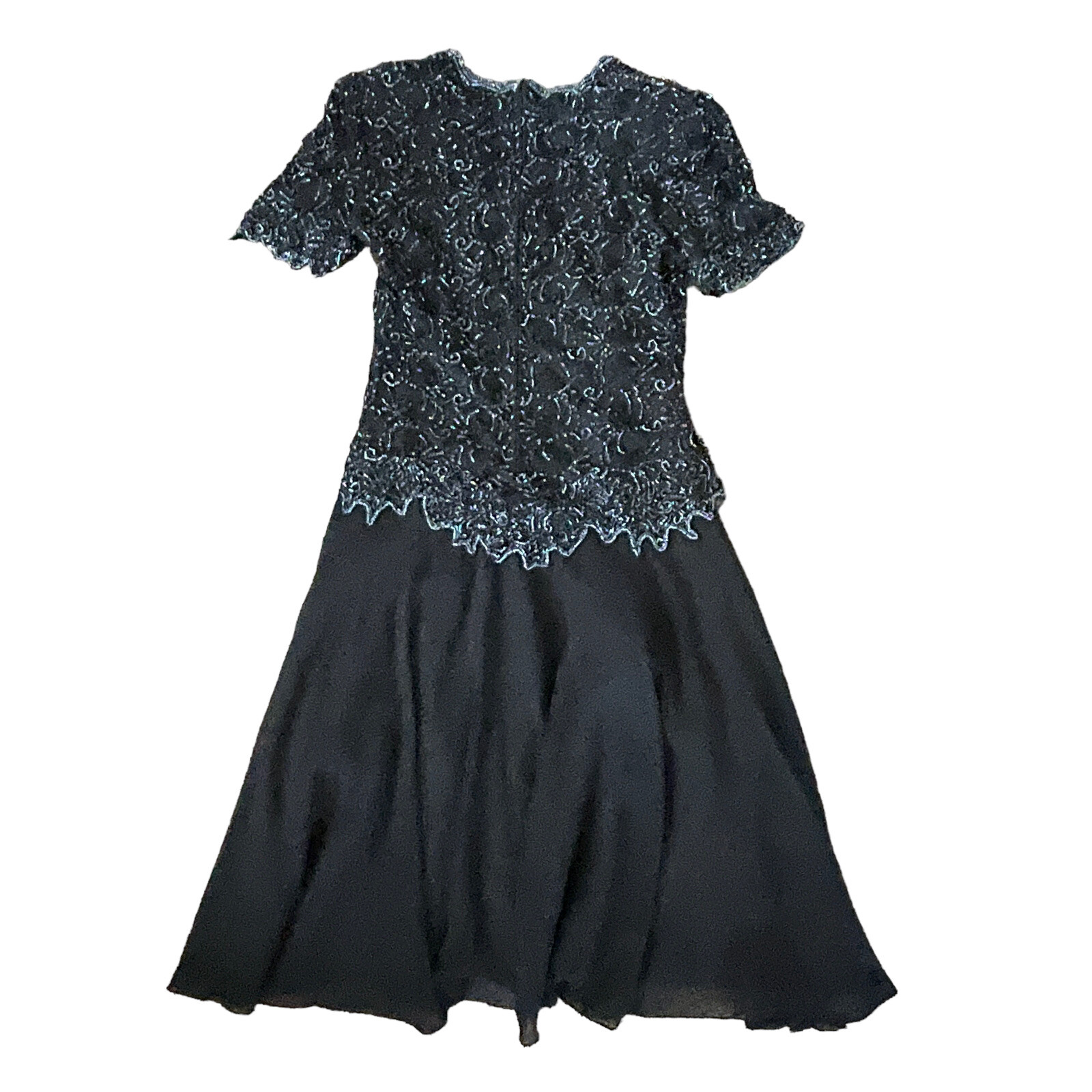 Vtg 80s Mother Of The Bride Dress M Black Beaded Top Sheer Chiffon Flowy Skirt