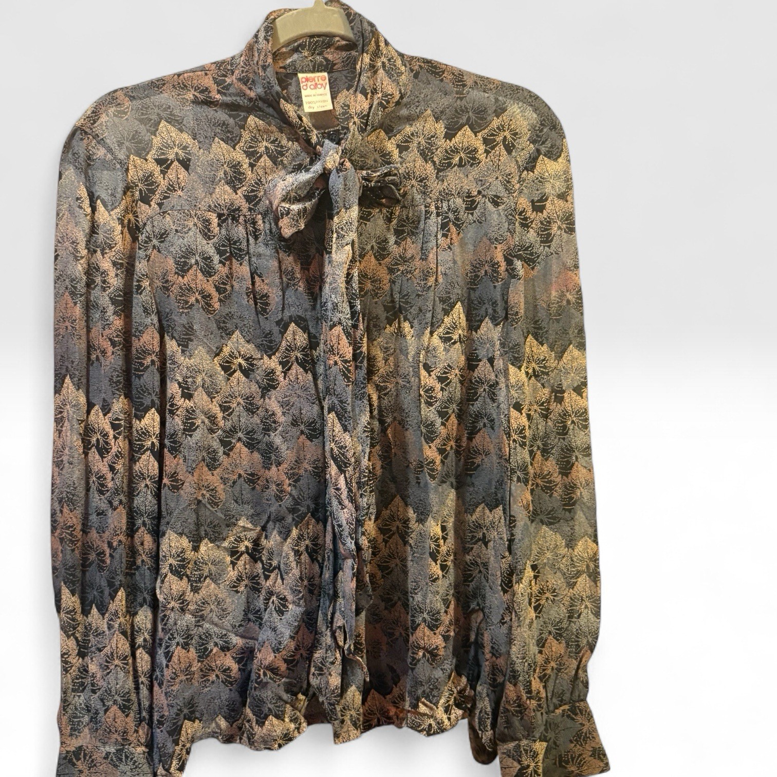 French Vintage Pierre d’alby Rayon Print Blouse W/gold Taupe Leaf Motif 1970’s