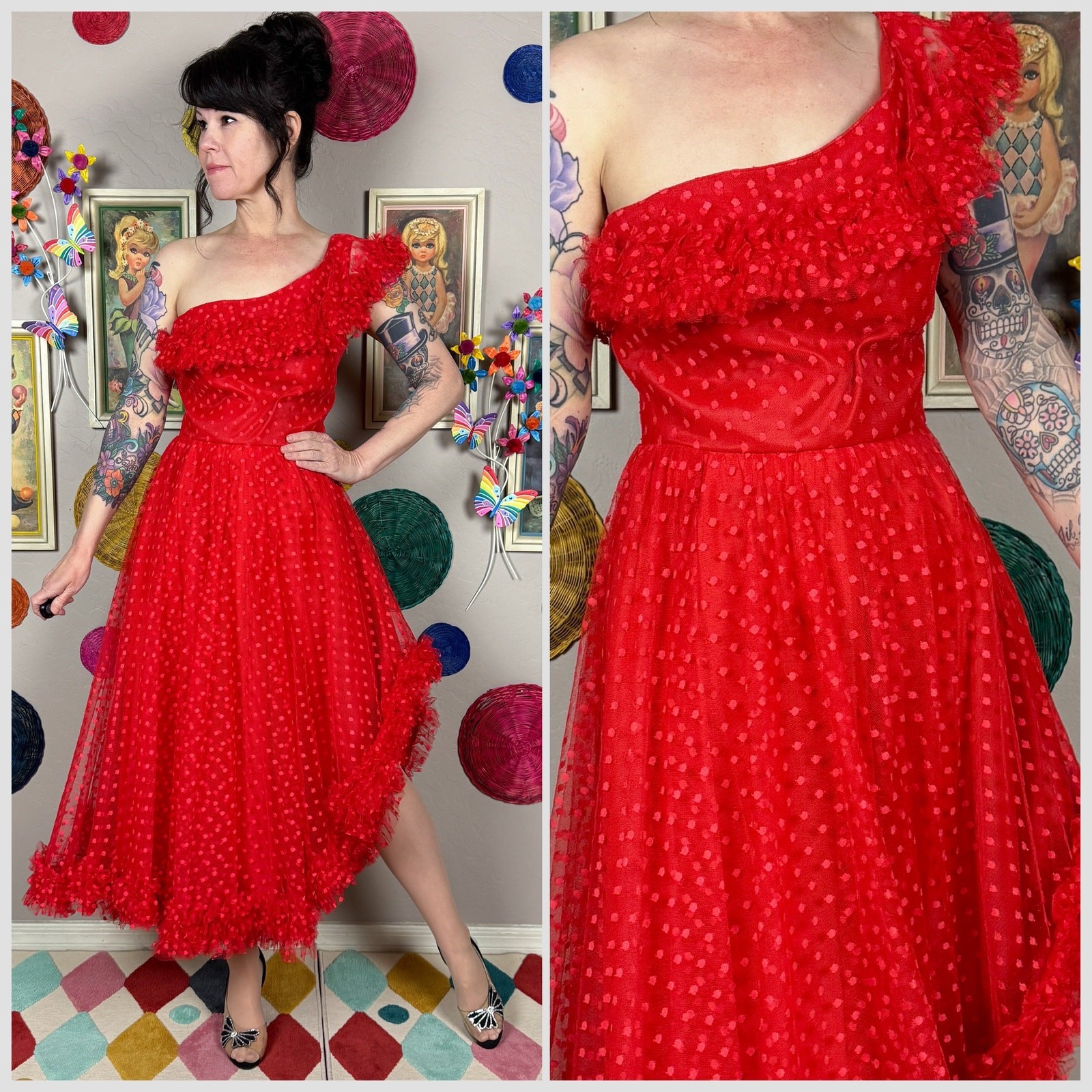 Vintage 1970s Red Polka Dot Ruffled One Shoulder Tulle Dress | 26″-27″ Waist