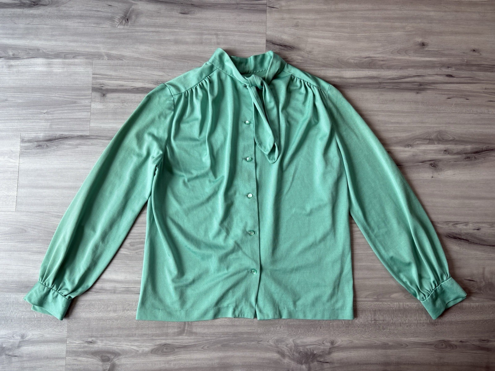 Vintage Handmade Pussy Bow Blouse Button Front Long Sleeve Aqua Green Size M