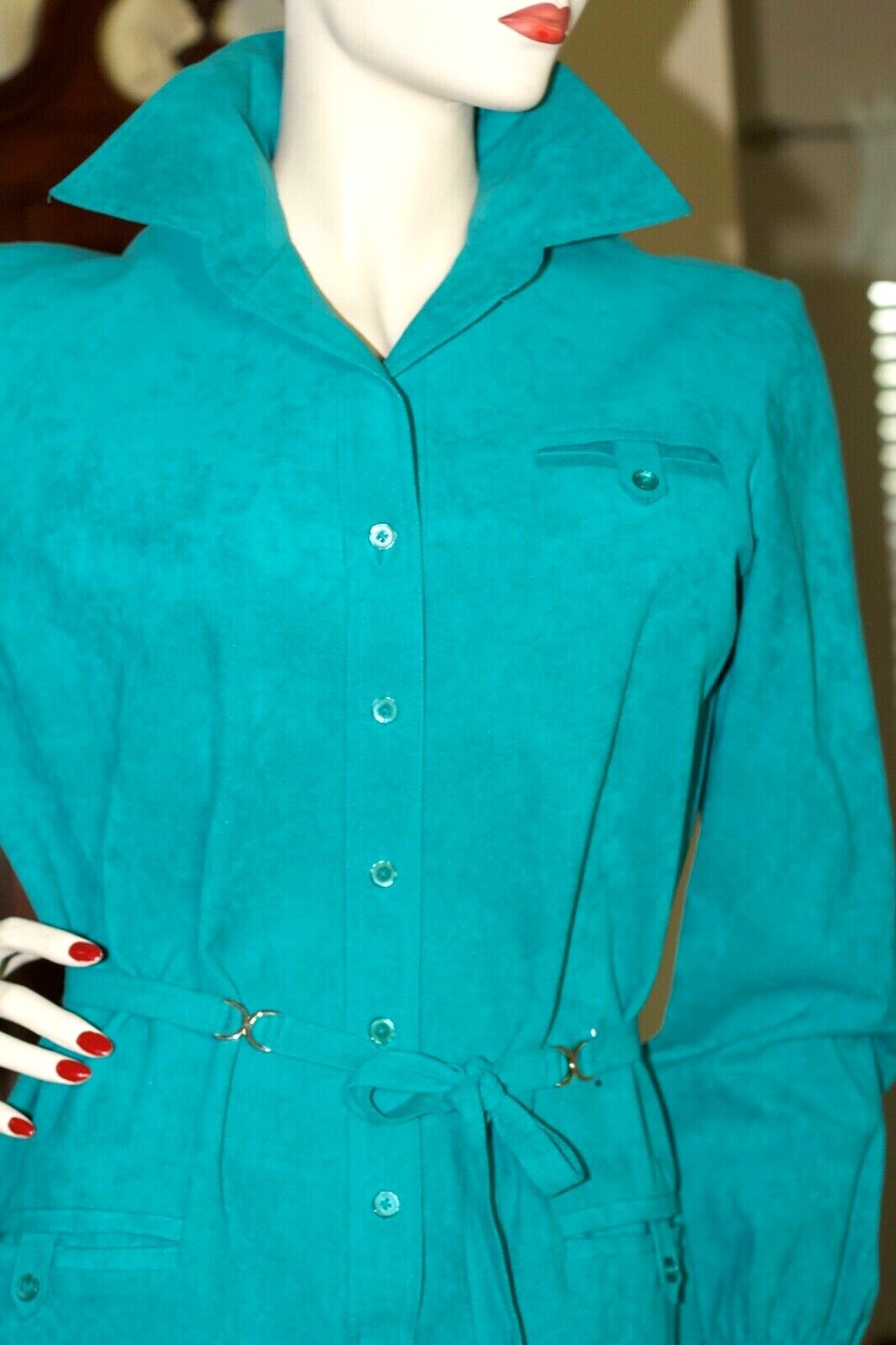 Vintage 70s Abe Schrader Suede Leather Teal Sheath Long sleeve Dress