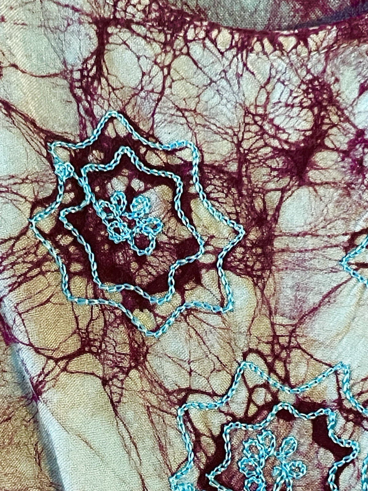 Vintage Deep Plum & Teal Batik Embroidery Crinkle Rayon Ethnic Hippie Top