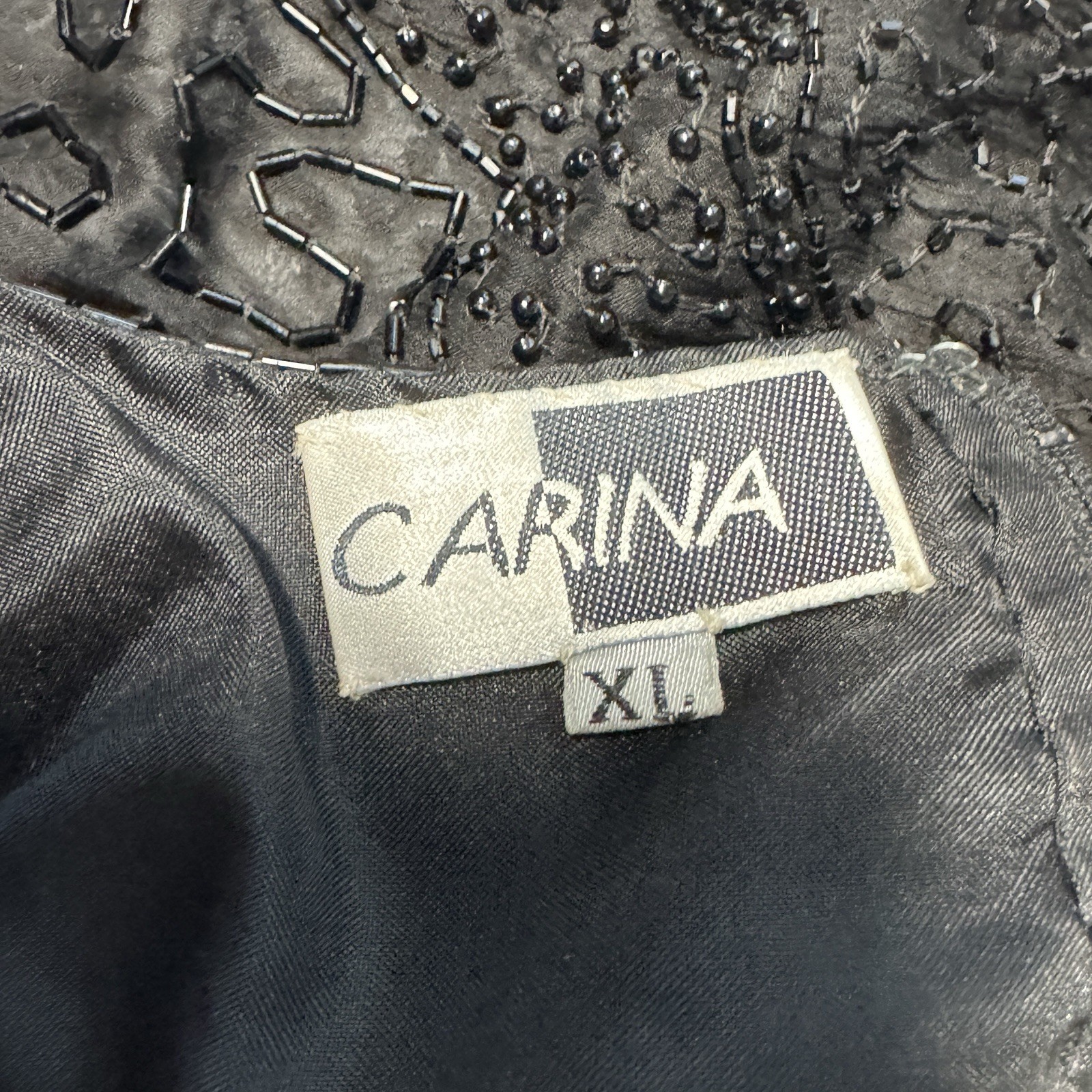 Vintage Carina Black Beaded Silk Evening Gown L/XL Asym Hem Shoulder Pads