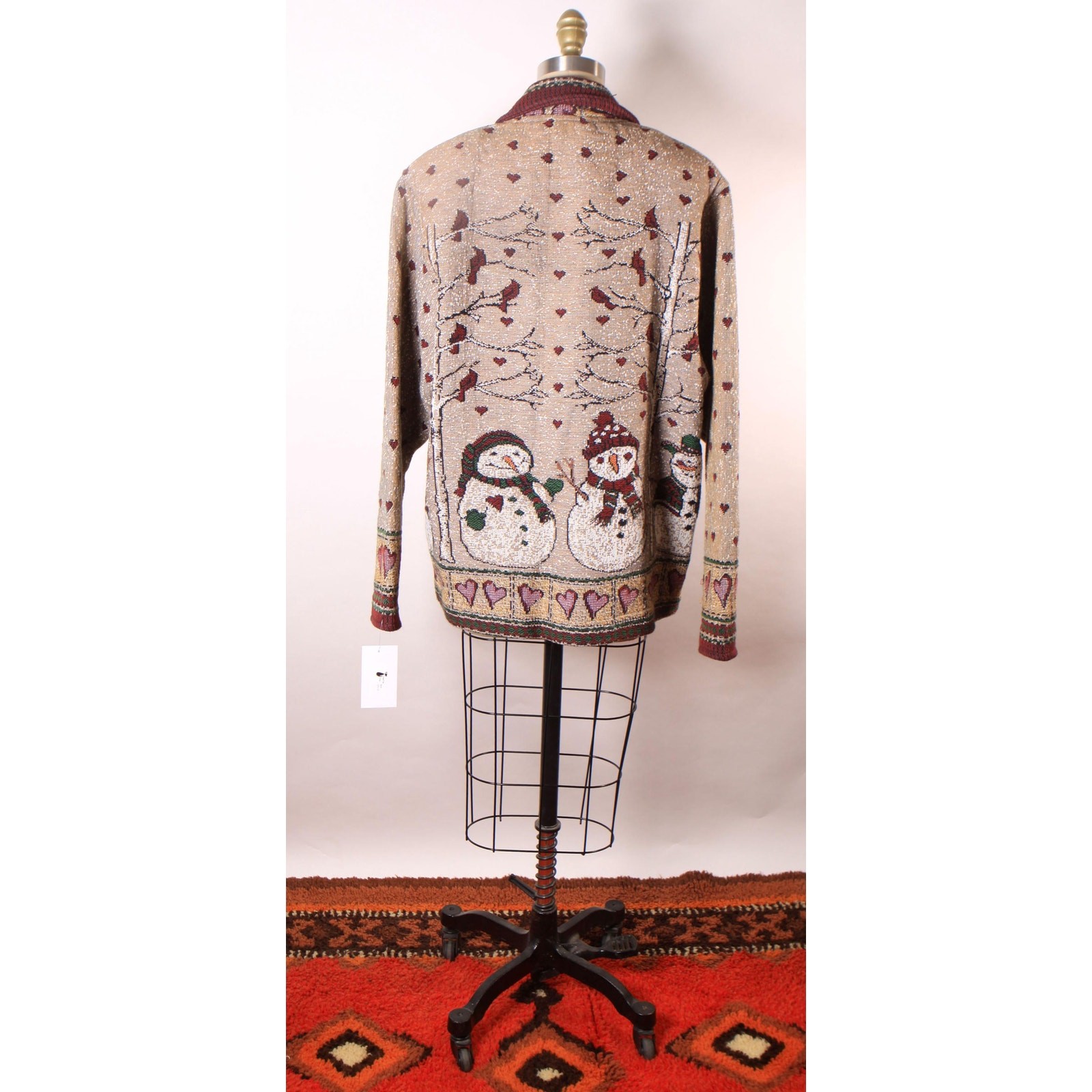 1980s 1990s Tan, Red and Green Novelty Tapestry Snowman Jacket by Painted Pony