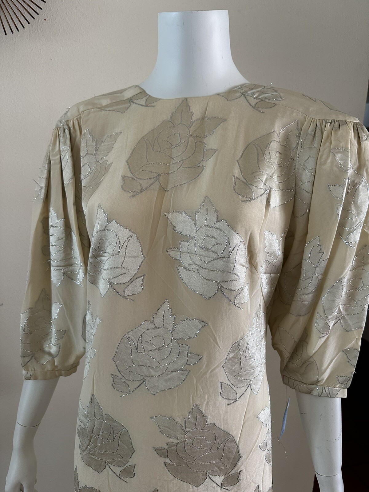 1980s Hanae Mori Silk Dress Metallic Rose Damask Bow Frost Bros VTG