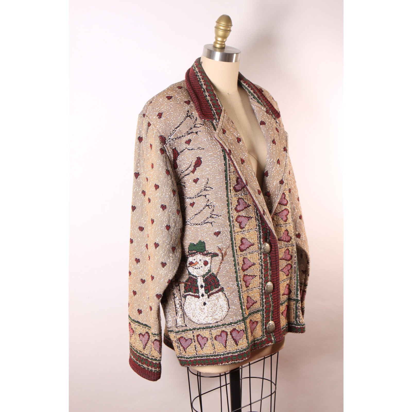 1980s 1990s Tan, Red and Green Novelty Tapestry Snowman Jacket by Painted Pony