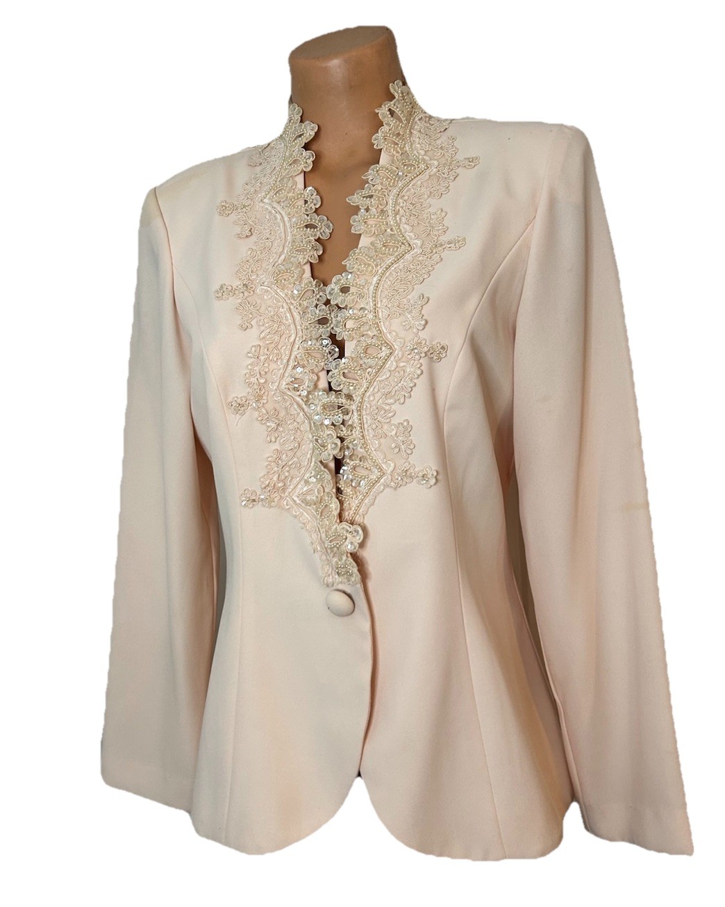 Vtg 80’s Pink Beaded Lace Sequin Karen Miller Blazer Jacket Size 10 Shoulder Pad