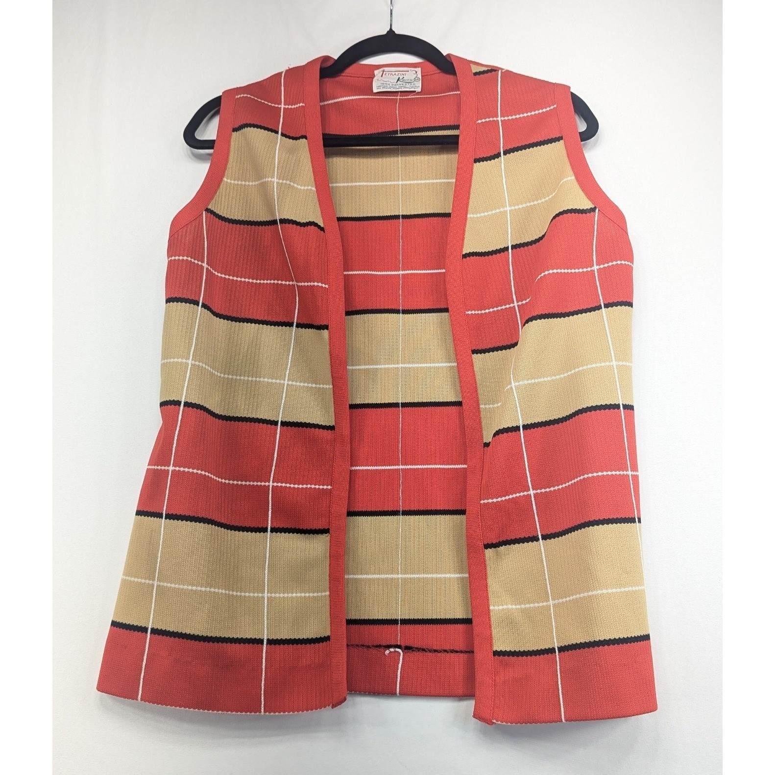 Vintage Tetrazini Knits Orange Striped Open Front Vest 70s Retro Polyester Sz 14