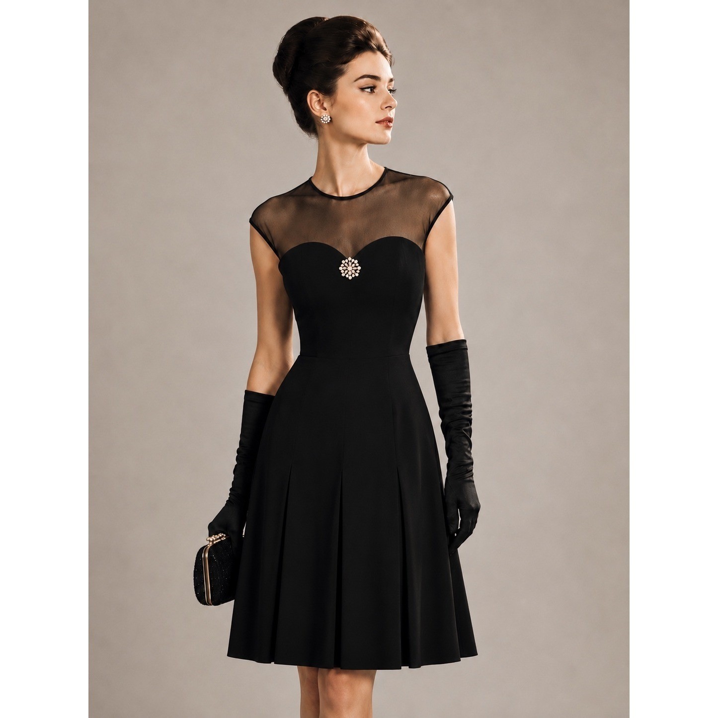 Vintage Cocktail Dress 60s Sheer Mesh Yoke Pleated Skirt Brooch Small