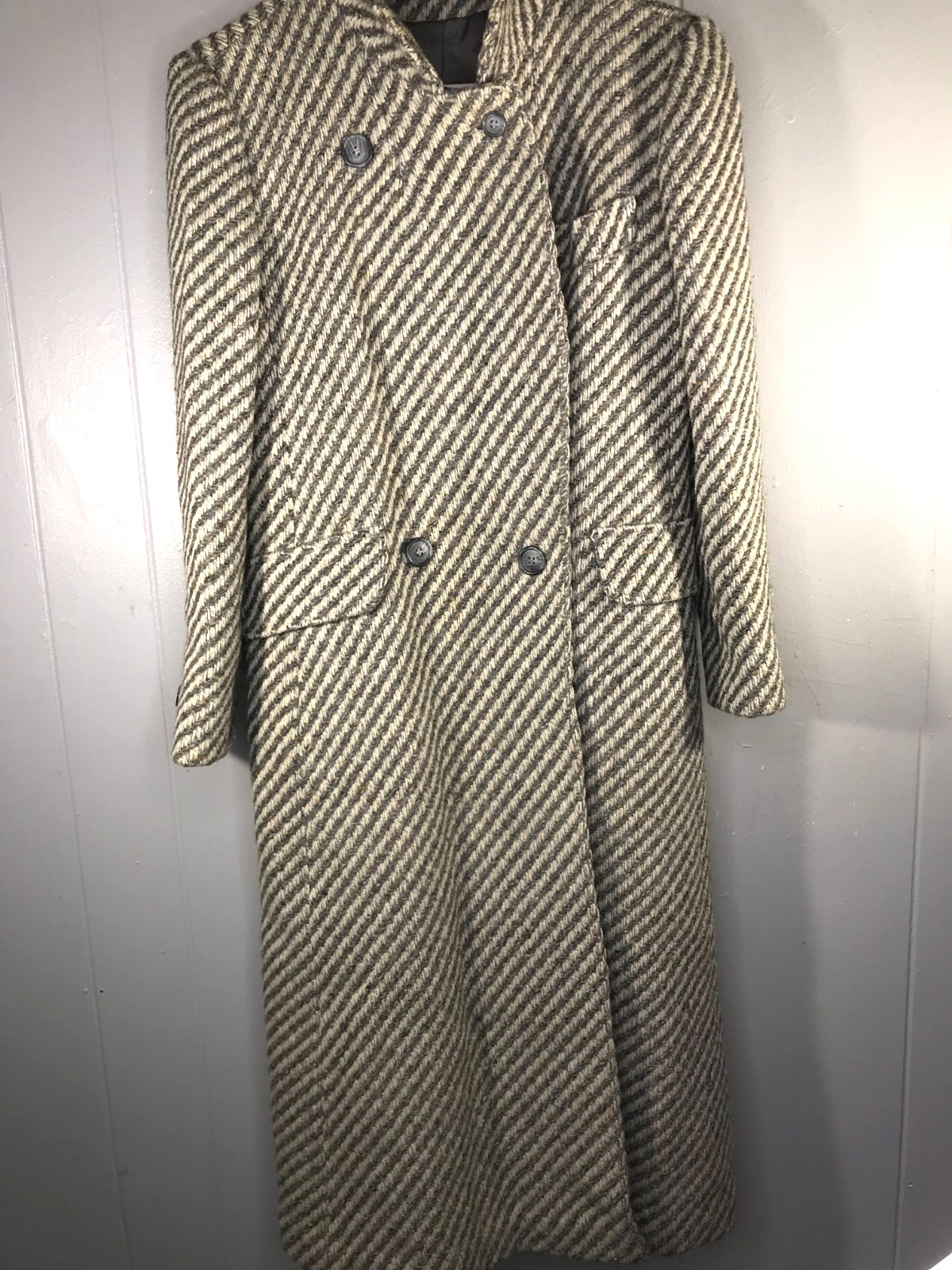 Vintage 70s Jill Jr Neiman Marcus USA Wool Tweed Trench Coat Long Oatmeal sz 38