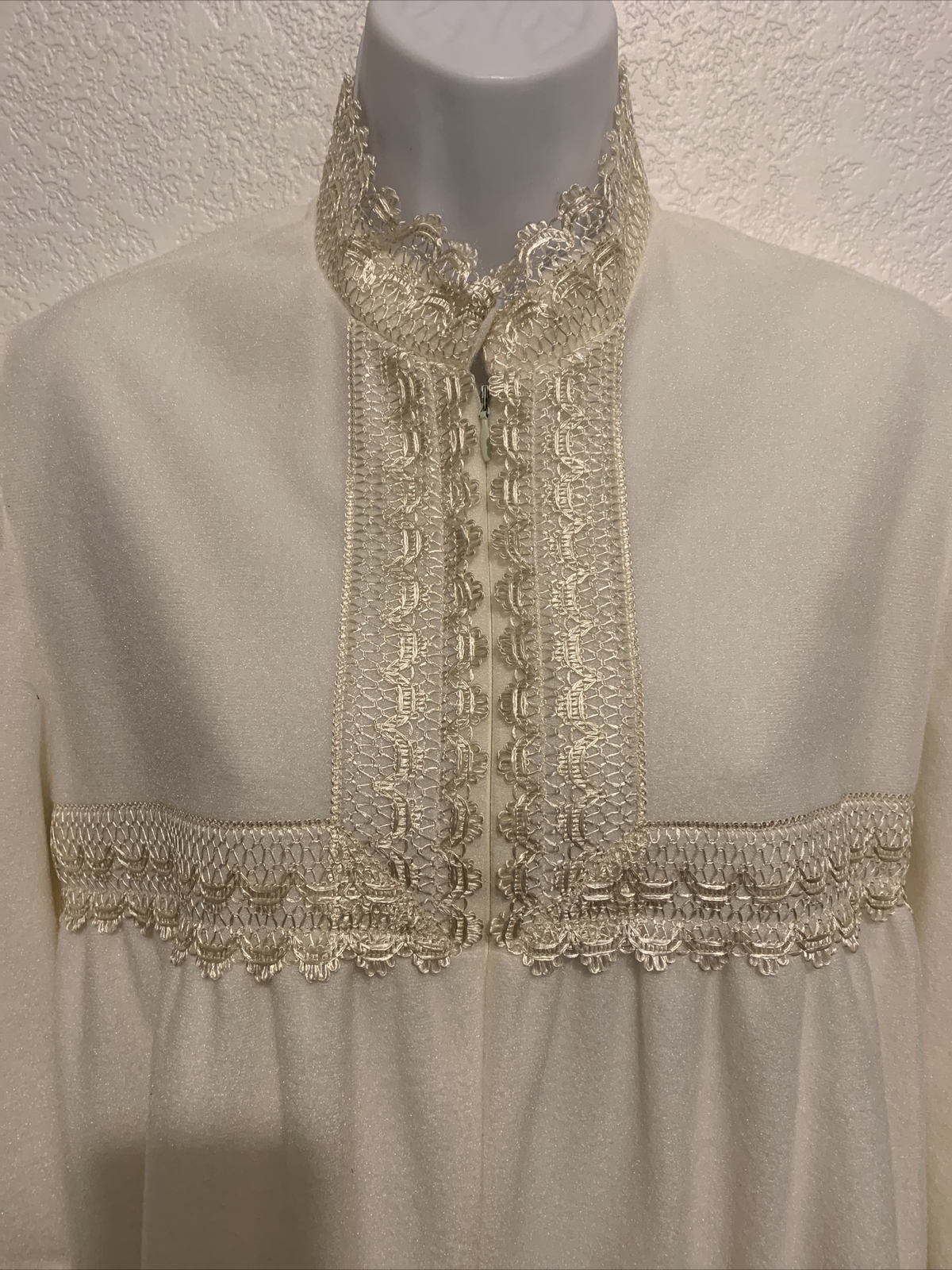 Vintage Vassarette Half Zip Cream Long Maxi Bathrobe Robe L Large With Lace 80’s