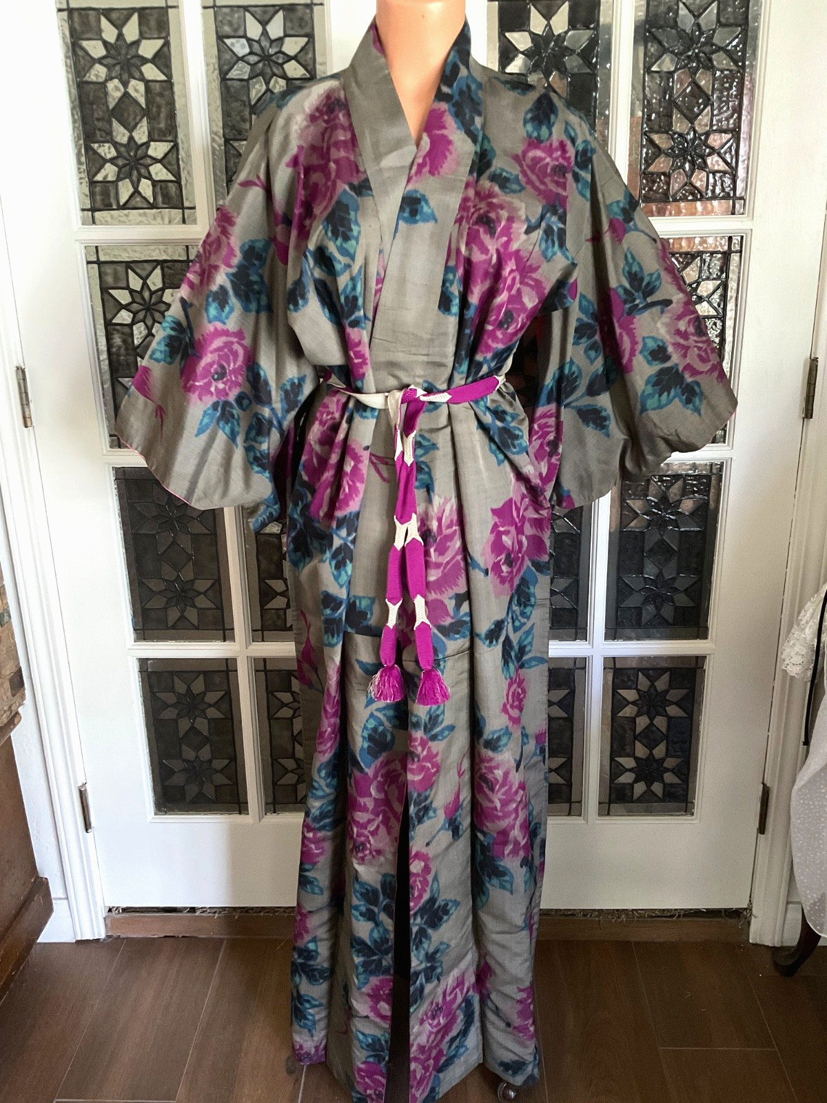 Vintage SILK JAPANESE Kimono Robe Dressing Gown Woven Sash Tie