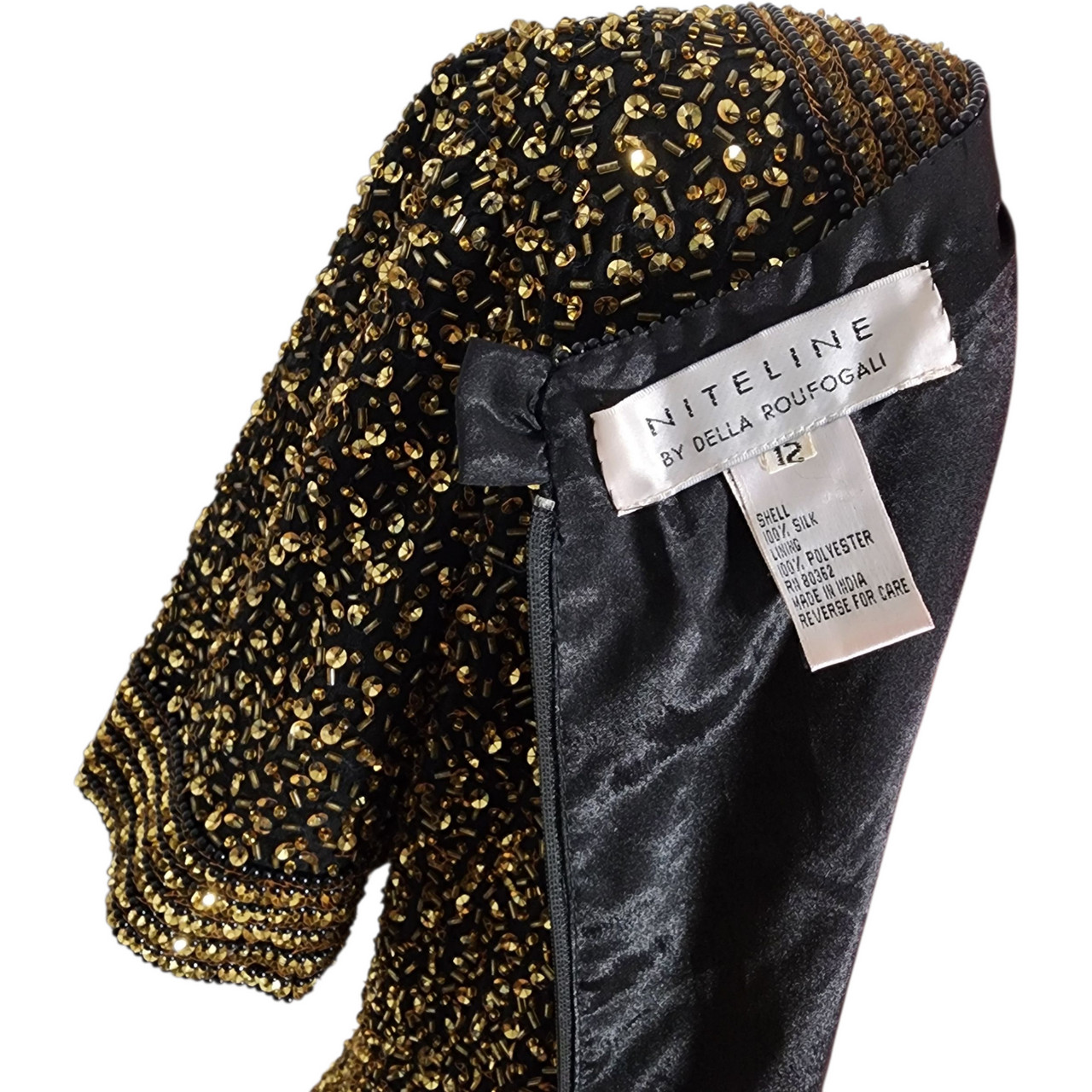 Vintage 1980s NiteLine by Della Roufogali Black Silk Beaded Cocktail Dress Go…