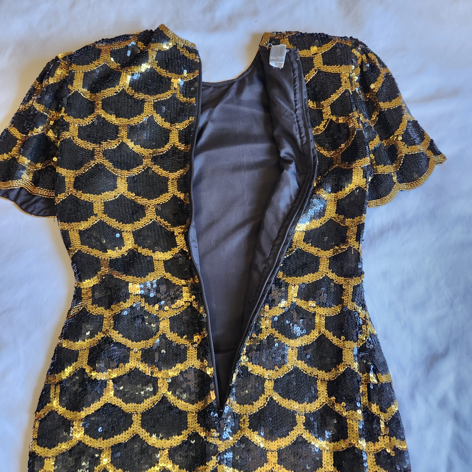 Vintage 80’s Scalloped Sequin Black Gold Silk Dress as seen on Katy Perry Size S