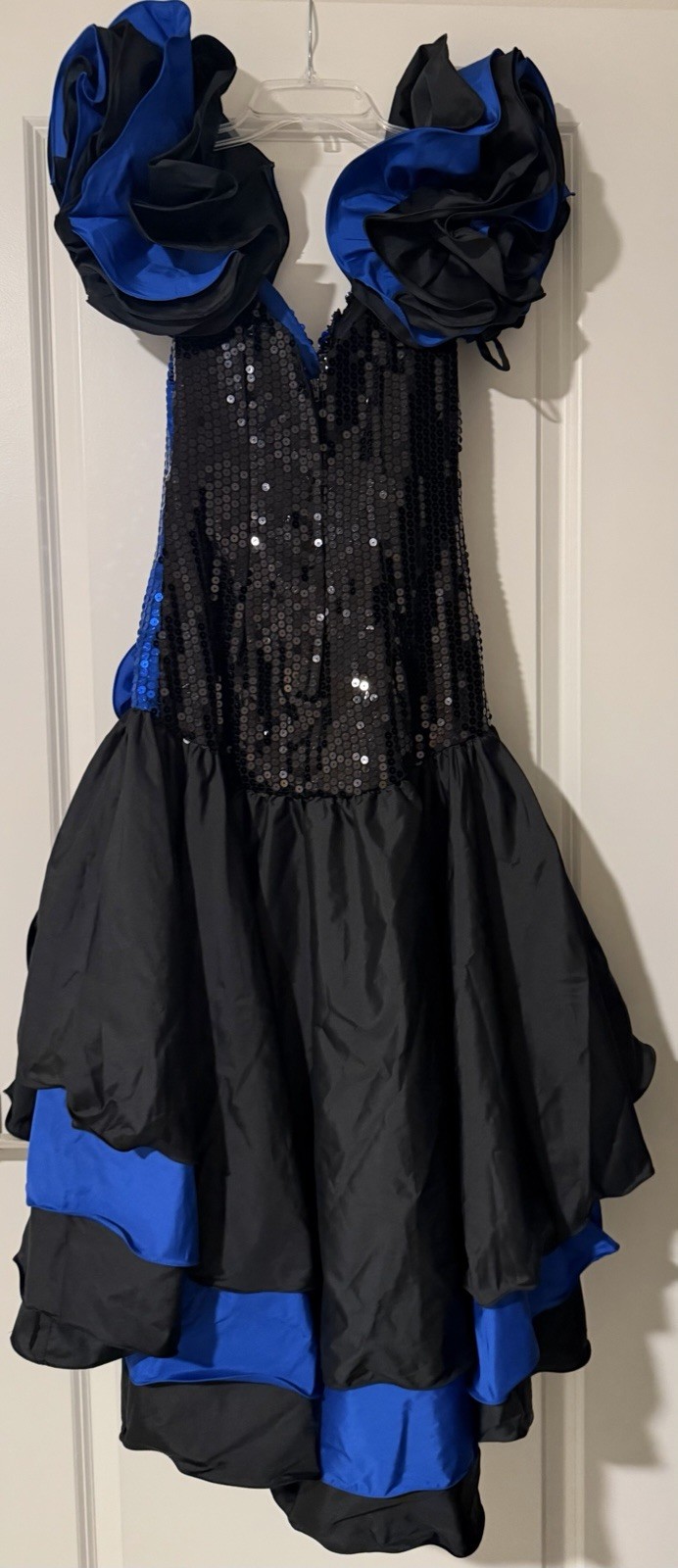 Vintage Alyce Designs Sequin Taffeta Blue Black Ruffle Sleeve Dress 80s 90s Y2k