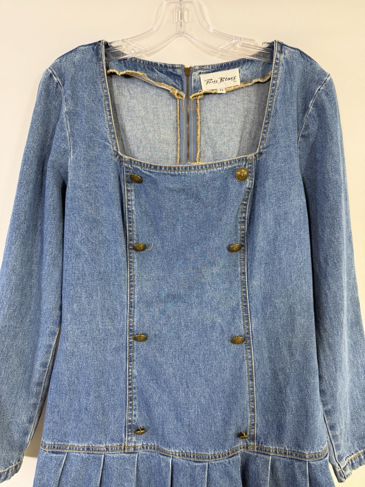 Vtg 90s Paris Blues Denim Dress Pleated Detail Skirt Button Sz 11 USA Grudge