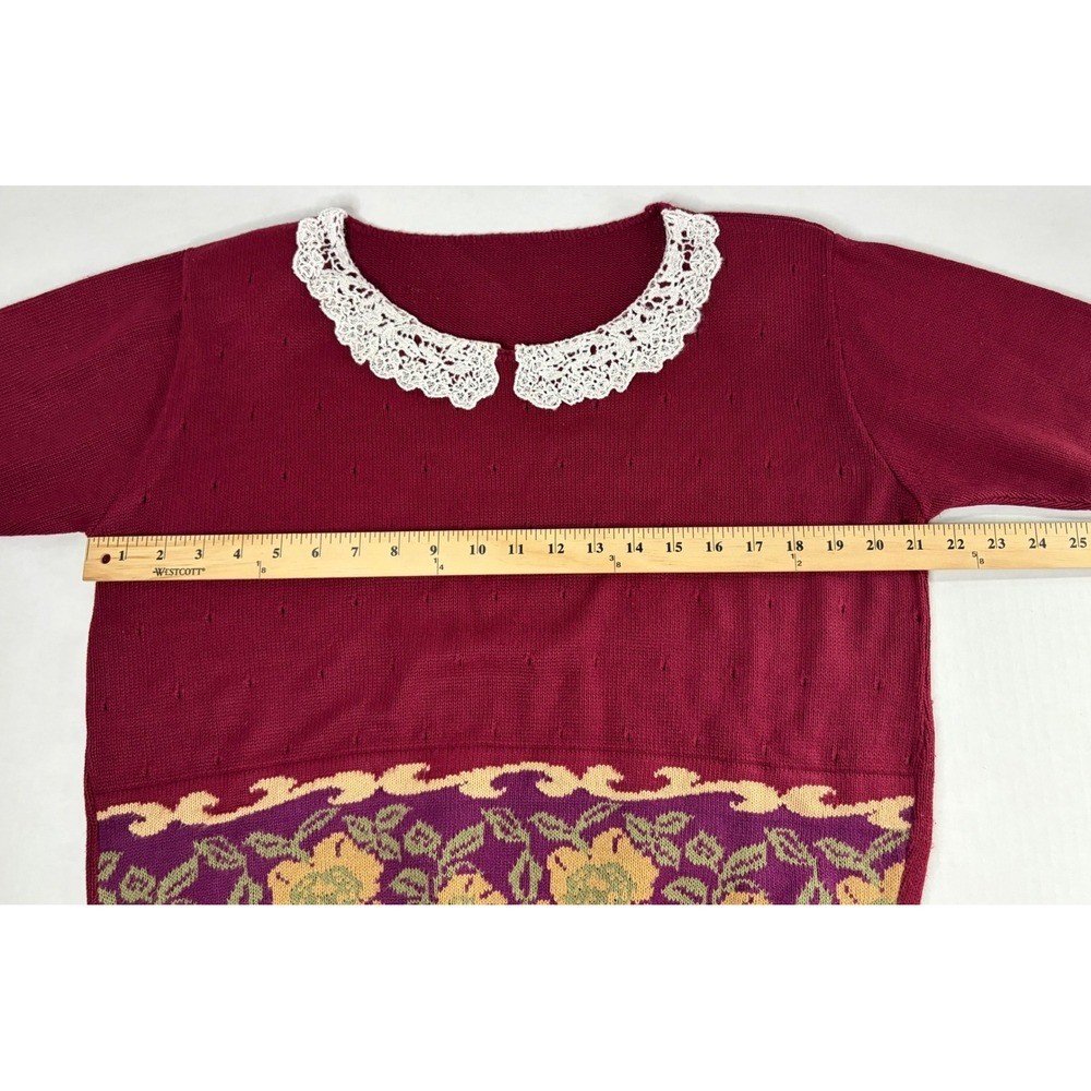 Vintage Burgundy Knit Short Sleeve Sweater Floral Lace Collar Cottagecore Top