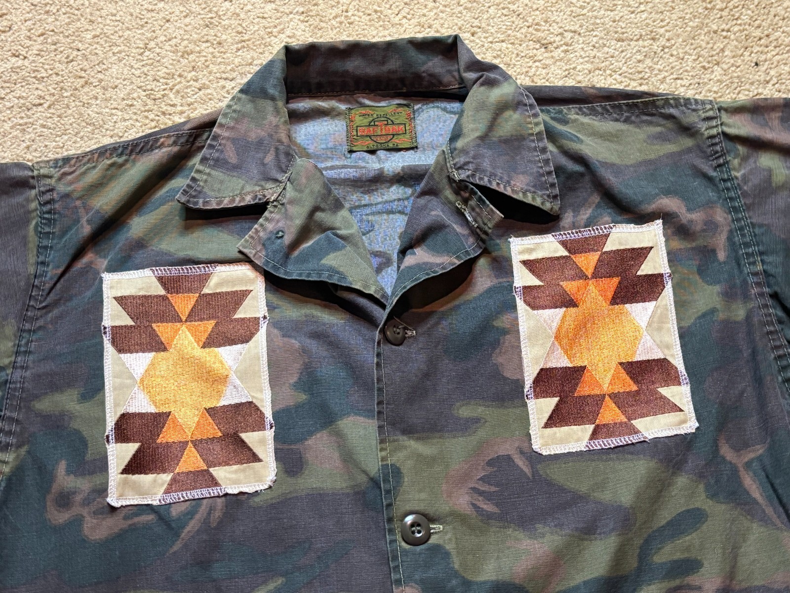 Craftcore Upcycle Salvage Vintage 70s Saf-T-Bak Camouflage Jacket Patches M/L