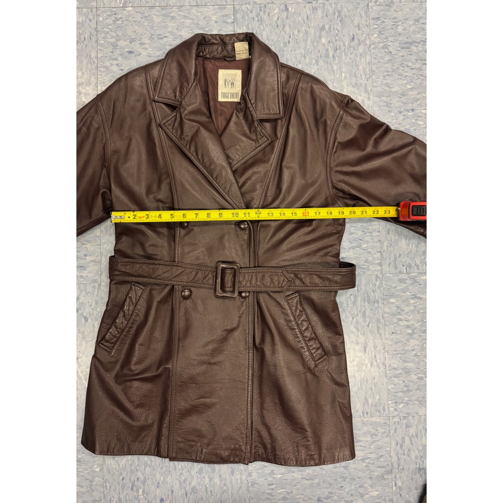 Together! Vintage Brown Leather Trench Coat Double Breasted Belted Jacket Large