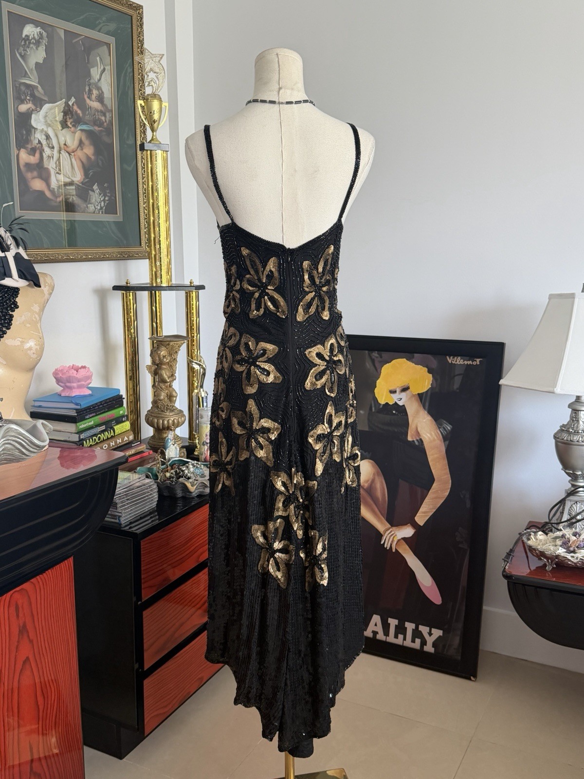 Vintage MEGRE Pure Silk Beaded Sequin Floral Evening Dress Black Gold Size S-M