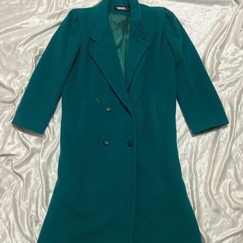 Vintage 80s Fashion Wellington Teal Trench Coat size Large Preppy Retro Classic