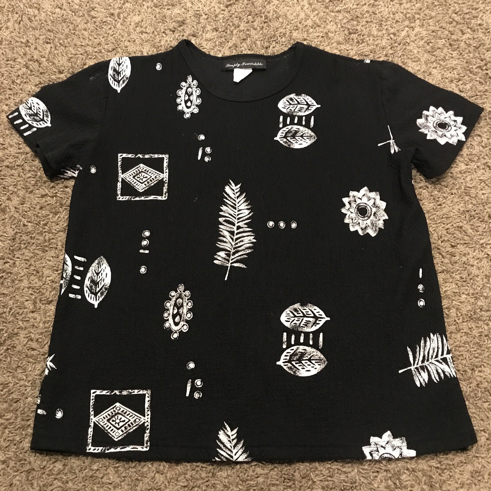 Vtg Simply Irresistible Womens L Top Short Sleeve Black White Stretch A30